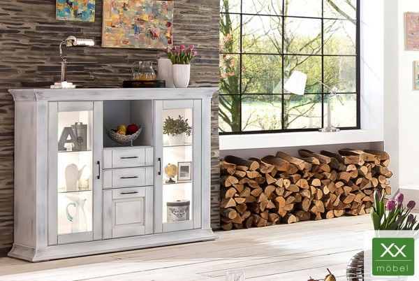 Highboard | Brooklyn | Antikweiß Pappelholz teilmassiv T07
