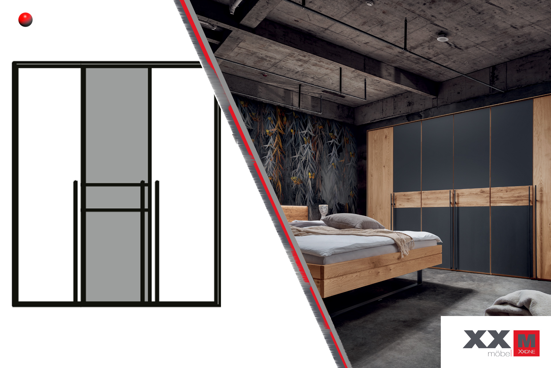 Forestales Boston Kleiderschrank 3-türig – Wildeiche, anthrazitglas mittig / holz außen – 150 × 219 × 60 cm