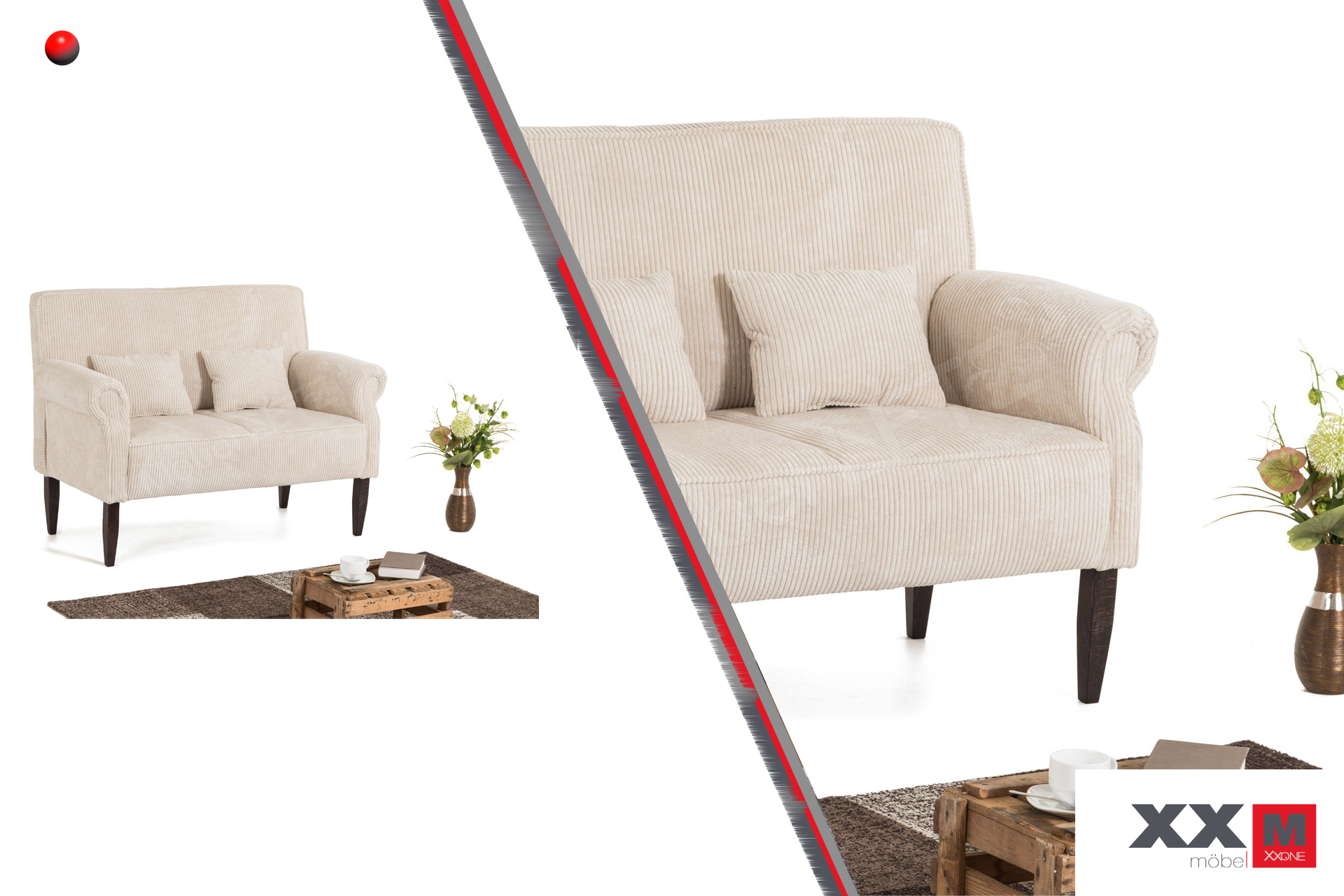 Tavola · Tischsofa 2-sitzig inkl. 2 rechteckigen Kissen, · Typen- und Ausführungsbeispiel