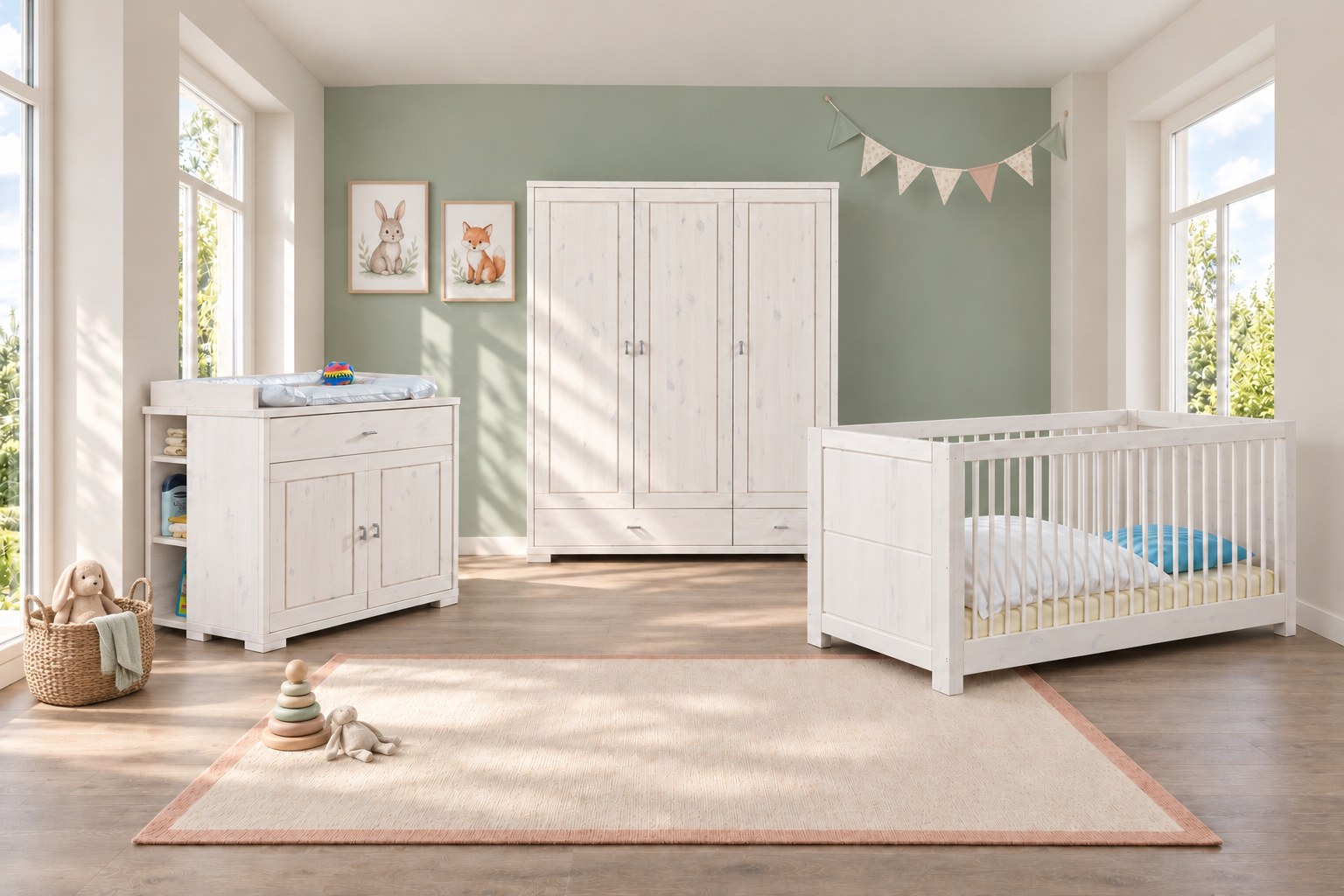 VITA Babybett, Wickelkommode und Kleiderschrank 3-türig inkl. Regal für Wickelkommode – Weiß · Einrichtungsillustration