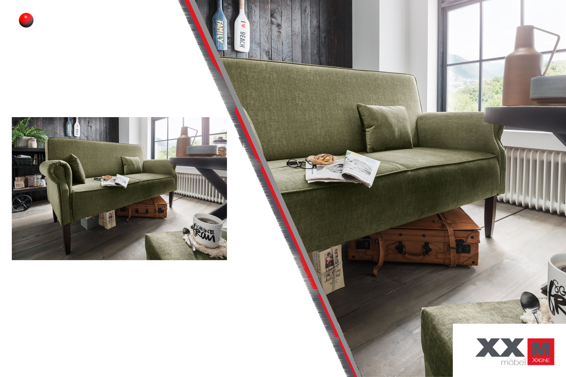 Tavola · Tischsofa 3-sitzig inkl. 2 rechteckigen Kissen, · Typen- und Ausführungsbeispiel