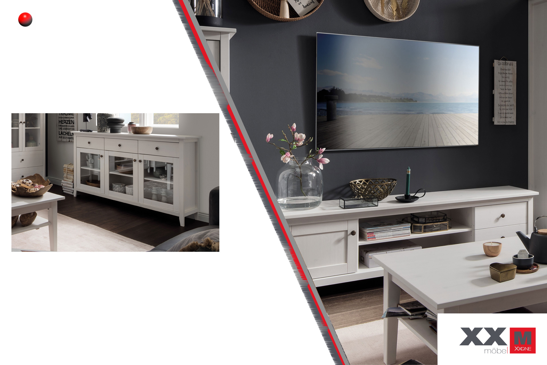 Solvita wohnen · Sideboard, drei Glastüren und drei Schubladen · Typen- und Ausführungsbeispiel