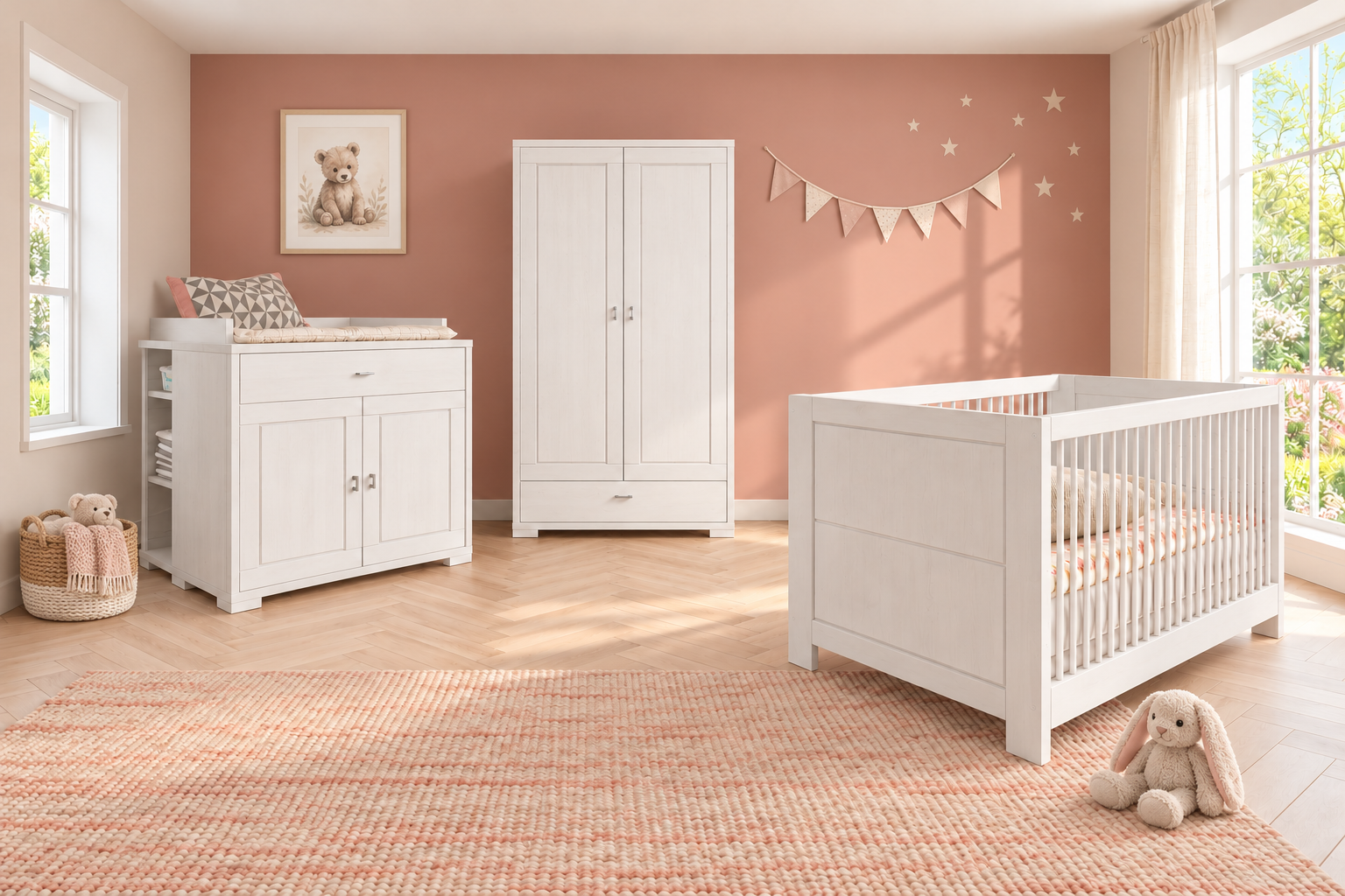 VITA Babybett, Wickelkommode und Kleiderschrank 2-türig inkl. Regal für Wickelkommode – Weiß · Einrichtungsillustration