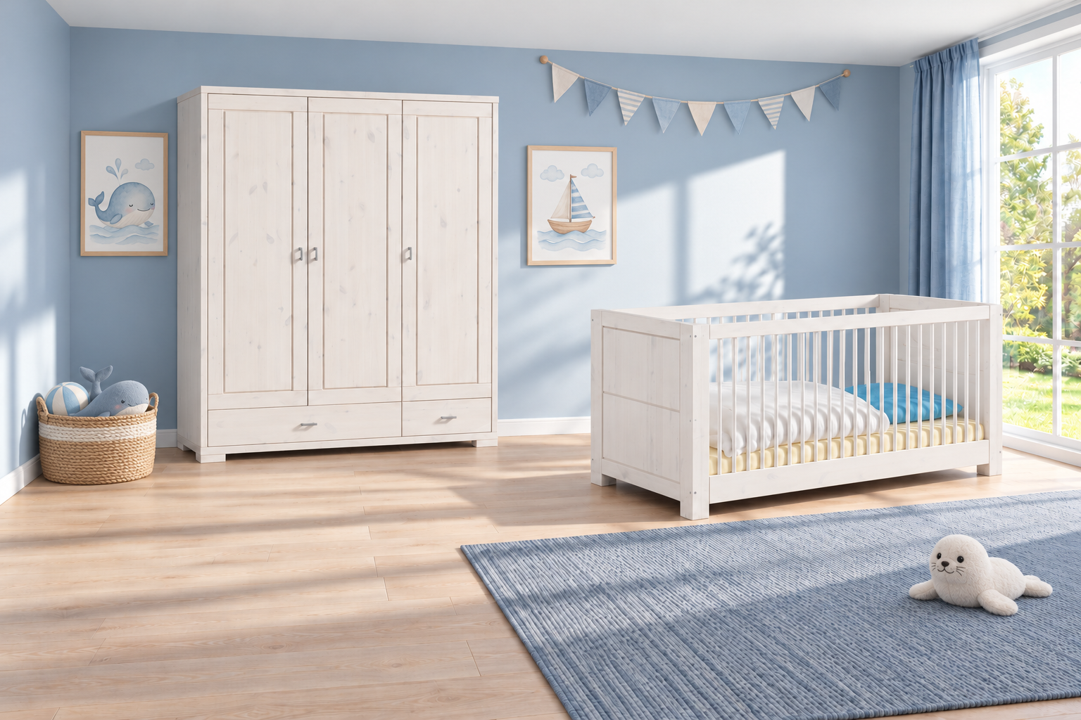 VITA Babybett und Kleiderschrank 3-türig – Weiß · Einrichtungsillustration
