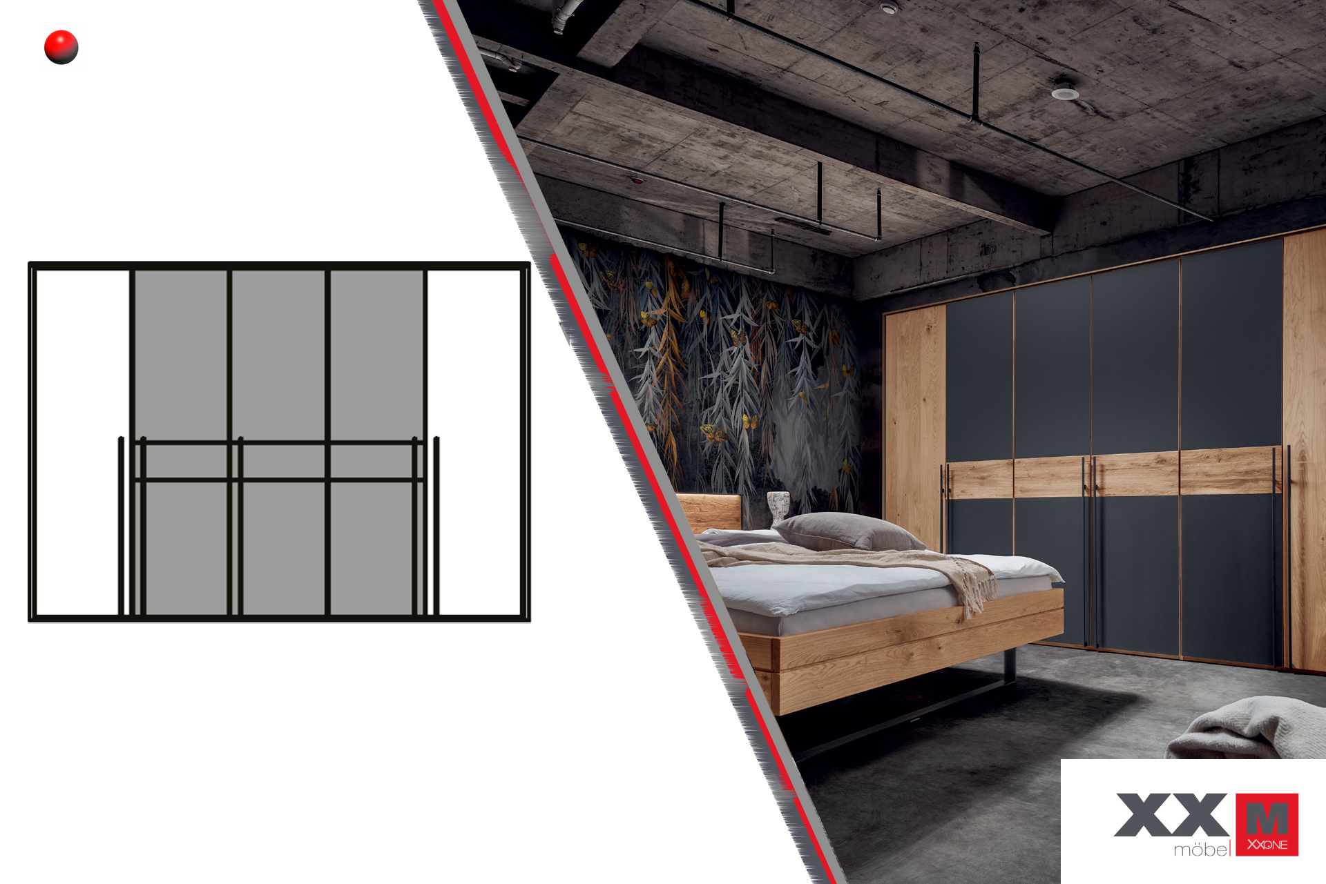 Forestales Boston Kleiderschrank 5-türig – Wildeiche, anthrazitglas mittig / holz außen – 300 × 219 × 60 cm