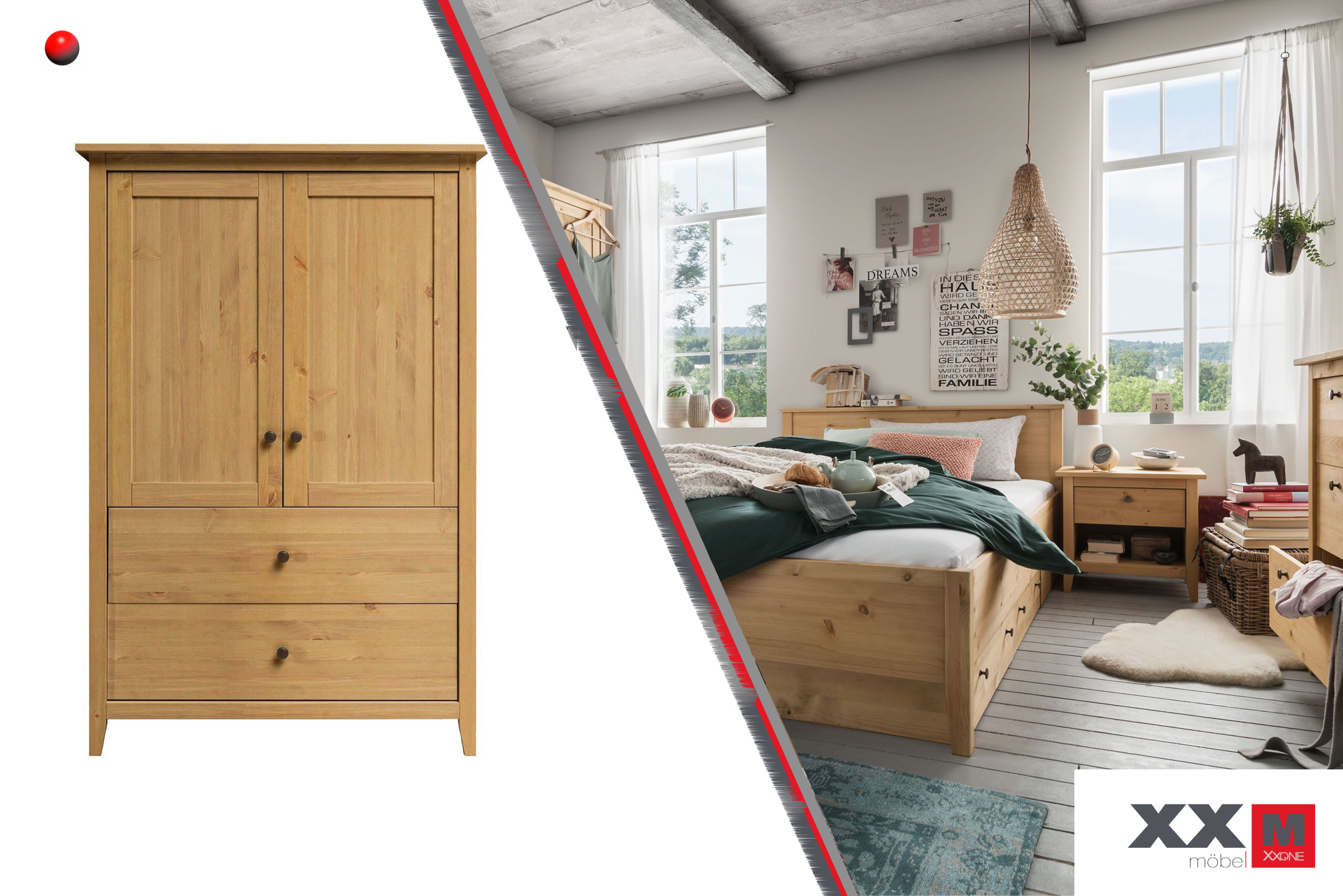 Solvita schlafen · Highboard mit 2 Holztüren und 2 Schubladen · Typen- und Ausführungsbeispiel