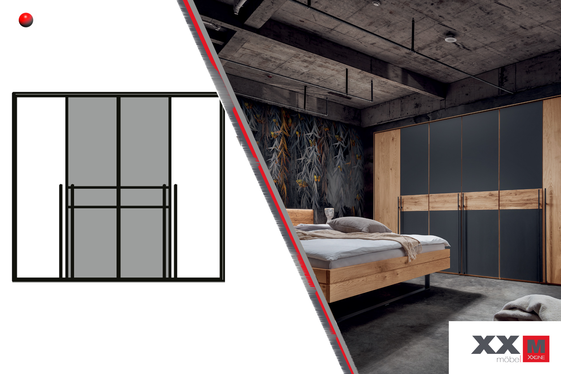 Forestales Boston Kleiderschrank 4-türig – Wildeiche, creme-weiß lasierte Mitteltüren – 200 × 219 × 60 cm
